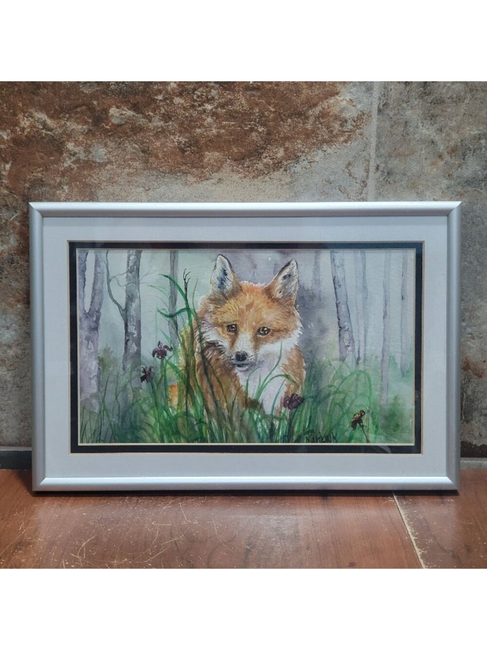 Framed Watercolor Art Print Red Fox Forest Scene Signed MarLynk